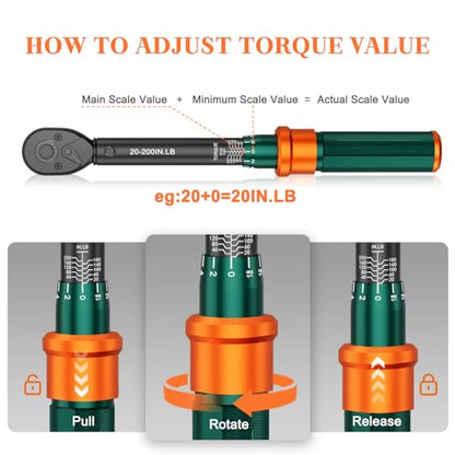 1/4" Inch Pound Torque Wrench, 20-200 In-lb, ±3% Accuracy, Click | Small Mini Bike Tool, 72-Tooth Dual-Direction Head, for Carbon Fiber Bicycle, MTB, Electronics & Precision Instrument - size: 20-200 in.lb（1/4-Inch）