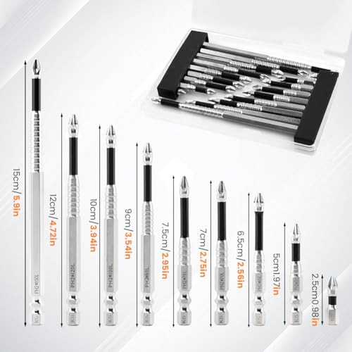 PH2 Magnetic Screwdriver Bit Set, 18 Pack Impact Rated Alloy Steel Non Slip Bits, 1/4 Inch Hex Shank, Strong Magnet Tip, 9 Lengths 25-150 mm (2 Each)