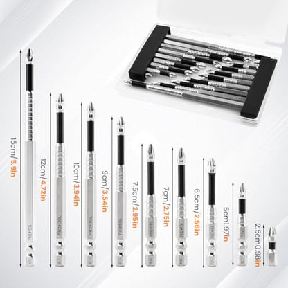 PH2 Magnetic Screwdriver Bit Set, 18 Pack Impact Rated Alloy Steel Non Slip Bits, 1/4 Inch Hex Shank, Strong Magnet Tip, 9 Lengths 25-150 mm (2 Each)