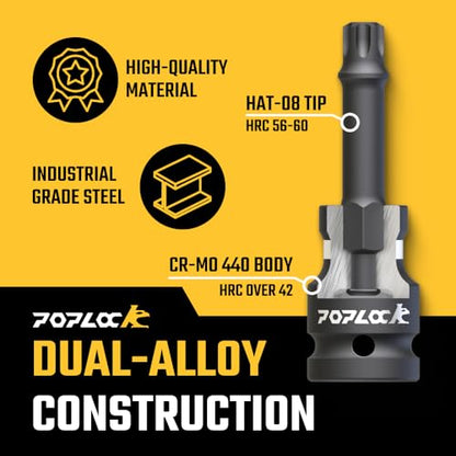 Poplock Impact Driver Set | 5-Piece ½ inch Drive Star Bit Set | 150mm Long Impact Driver Bit Set with 6-Lobed Allen Tips for Torx Fasteners T30 T40 T45 T50 T55 - size: 5 PCS