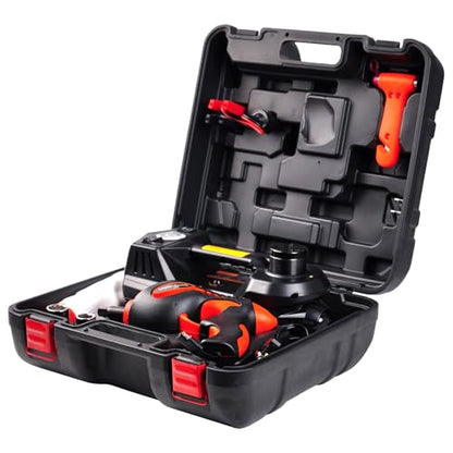 Electric Car Jack Kit 5 Ton 12V Portable Hydraulic Floor Jack with Impact Wrench and Inflatable Pump for SUV Car Tire Change Emergency Repair Kit with LED Light - color: Black+Red Wrench