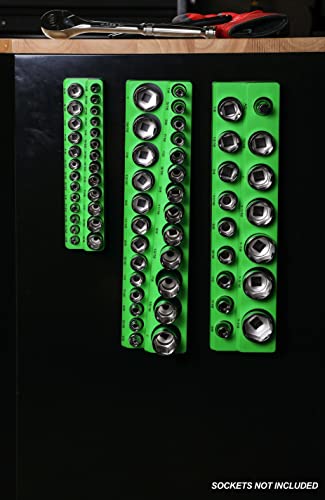 ARES 60037-3-Piece SAE Magnetic Socket Organizers Set - GREEN - Includes 1/4 in, 3/8 in, 1/2 in Socket Holders - Holds 68 Standard (Shallow) and Deep Sockets - Also Available in RED - color: Green (Sae), size: 1/4, 3/8, 1/2-Inch Drive - 3-Piece Set