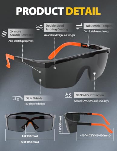 Safety Glasses 4 Pack – Smoke Tinted Lenses for Outdoor Work and Shooting, ANSI Z87.1 Anti Fog, UV Protection, Impact Resistant Protective Eyewear Over-spec - color: Smoke Tinted