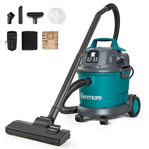 Kenmore KW3030 Wet Dry Canister 3.2 Gallon 2.5 Peak HP Shop Vacuum Cleaner with Extension Wands Tool Storage & Wall Bracket for Garage, Car, Home & Workshop, Green | 2.5 Peak HP, Extension Wands, Tool Storage & Wall Bracket, For Garage, Car, Home - color: