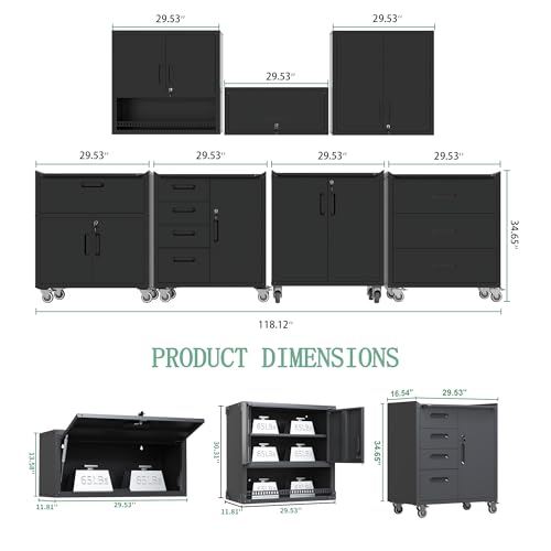 Metal Tool Cabinet,Garage Storage Cabinet System,Wall Cabinet & Locking Rolling Tool Cabinet with Doors and Adjustable Shelves,Steel Tool Cabinets for Home - color: Black