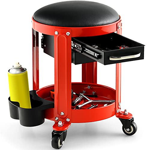 Nightcore Workshop Rolling Seat, Round Creeper Stool with Removable Cushion, Tool Tray, 2 Drawers & Twin Can Holders, Mechanic Roller with 4 Universal Casters for Garage, 300 Lbs Weight Capacity