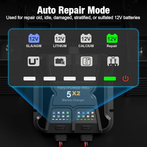 2 Bank Marine Battery Charger 5X2, 10A (5A/Bank) - 12V Waterproof Onboard Battery Charger, Battery Maintainer & Desulfator for SLA/AGM, Lithium (LiFePO4), Calcium & Deep-Cycle Battery- Charged 24/7 - size: 2 Bank(10A)
