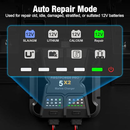 2 Bank Marine Battery Charger 5X2, 10A (5A/Bank) - 12V Waterproof Onboard Battery Charger, Battery Maintainer & Desulfator for SLA/AGM, Lithium (LiFePO4), Calcium & Deep-Cycle Battery- Charged 24/7 - size: 2 Bank(10A)