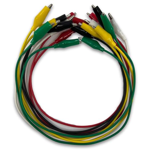 Eisco Labs - Crocodile Lead Set, Pack of 10-17 Inch Wires with Crocodile Clips, 2 Each of 5 Colors -White, Red, Green, Black, Yellow - Electrical Testing Leads with Insulated Clips for Experiments