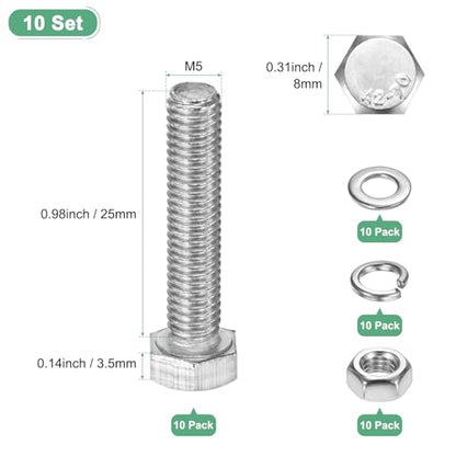 M METERXITY 10-Pack Hex Head Screw Bolt with Nuts Flat & Lock Washers M5x25mm Stainless Steel Bolts and Nuts Kit Fully Threaded Metric Bolt Assortment for Equipment/Machinery - size: M5x25mm