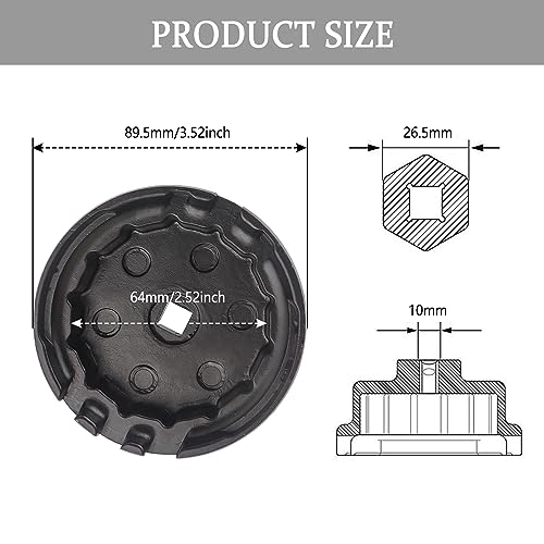 Salior 64mm Oil Filter Wrench,Aluminum Alloy Quickly Oil Filter Removal Tool Compatible with Lexus Toyota Tundra RAV4 Sienna 2.5L to 5.7L Engines Oil Filter Socket (Black)