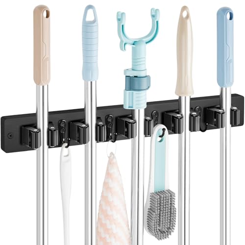 OUTNILI Mop and Broom Holder Wall Mount - Black Broom Mop Hanger - Wall Mounted Garden Tool Rack Organizer for Closet Garage Laundry Room Kitchen Decor With 5 Slots & 4 Hooks - color: Black-5 Grips, size: 1 Pack