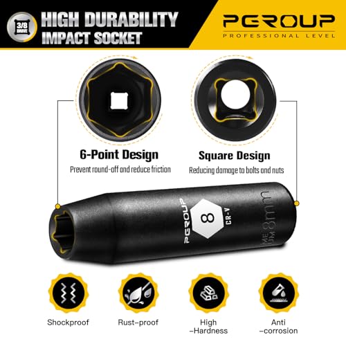 3/8” Drive Deep Impact Socket, Metric(8mm socket), 6-Point, Cr-V Steel With Black Manganese Phosphate Coating - size: 8 mm