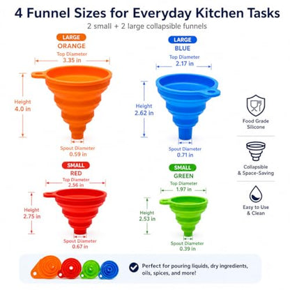 Collapsible Silicone Kitchen Funnels, 4 Pack Food Grade Foldable Funnel Set, 2 Small & 2 Large Funnels for Bottles, Oil, Spice Jars, Liquid Transfer, Dishwasher Safe