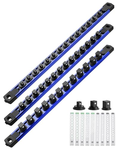 ALOANES Magnetic Socket Organizer Set, 3-Piece Heavy Duty Aluminum Socket Rails, 360° Swivel Clips Socket Rail Kit for Tool Tray Drawer Fit 1/2, 3/8, 1/4-Inch x 40 Clips (Blue, 3PC) - color: Blue, size: 3PC, 1/2, 3/8, 1/4-Inch Drive