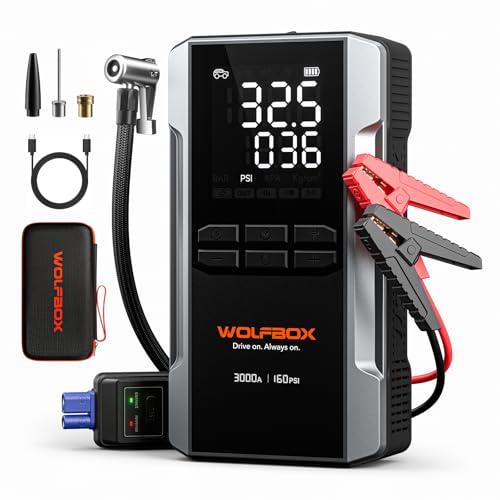 WOLFBOX MV16A 3000A Jump Starter with Air Compressor, 59.2Wh&160PSI Portable Car Battery Jump Starter with 65W Fast Charging, 12V Battery Pack (8L Gas 6L Diesel) with Boost, Light and Jumper Cables - size: 3000A