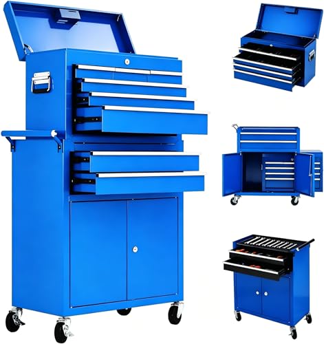 Heavy Duty 8 Drawer Tool Chest, Rolling Tool Box Cabinet on Wheels, 2-in-1 Detachable Metal Tool Storage Organizer for Garage and Workshop, Locking Steel Tool Cart with Portable Top Tool Box, Blue - color: Blue, size: 24 inch 8 Drawers