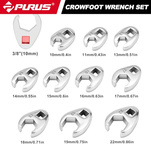 PURUS 10-Piece Metric 3/8" Drive Flare Nut Crowfoot Wrench Set (10-22mm), Innovative 5-Point Full-Contour Design for Tight Automotive & Plumbing Spaces, Custom Tool-Tray EVA Foam Organizer Included