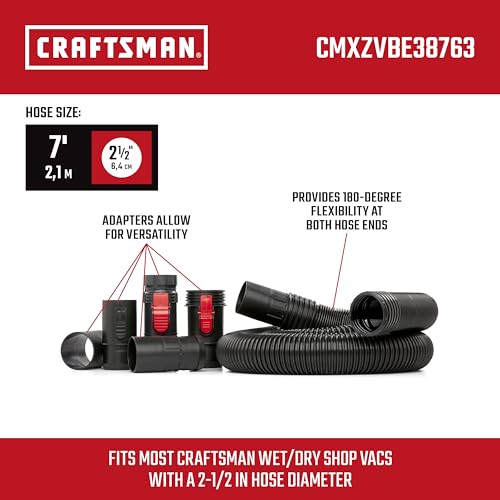 CRAFTSMAN CMXZVBE38763 2-1/2 in. x 7 ft. POS-I-LOCK Wet Dry Vacuum Hose | Industrial-Grade Shop Vacuum Hose Attachment Kit, Fits Most CRAFTSMAN Wet/Dry Vacuums with a 2-1/2 in. Diameter Inlet - style: 2-1/2 in. by 7 ft.