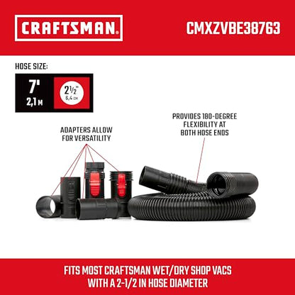 CRAFTSMAN CMXZVBE38763 2-1/2 in. x 7 ft. POS-I-LOCK Wet Dry Vacuum Hose | Industrial-Grade Shop Vacuum Hose Attachment Kit, Fits Most CRAFTSMAN Wet/Dry Vacuums with a 2-1/2 in. Diameter Inlet - style: 2-1/2 in. by 7 ft.