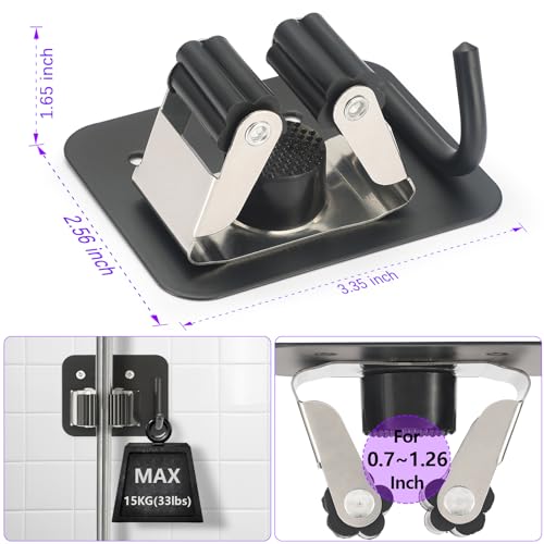 Broom Holder Wall Mount Rack, 304 Stainless Steel Mop and Tool Organizer | Drill-Mounted Gripper Rack Holds Brooms, Mops and Garden Tools Safely in the Laundry Room, Kitchen, Garage, Garden and Shed - color: Black-Silver