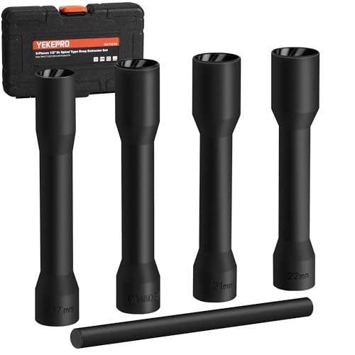5PCS Deep Lug Nut Remover, 1/2" Spiral Twist Socket Extractor Kit | Bad Lug Nut Remover for Damaged, Rounded-Off & Rusted Lug Nuts, Cr-Mo Steel, Metric, Heavy Duty Storage Case