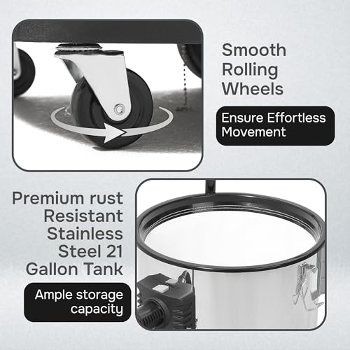 Dapper Supply 21 Gallon 8.5 Peak HP Wet/Dry Vacuum, Stainless Steel Tank, 2 in 1 Function Portable Shop Vacuum with Attachments, Built-in Drain Ideal for Jobsite, Garage & Workshop. - size: 21 Gal