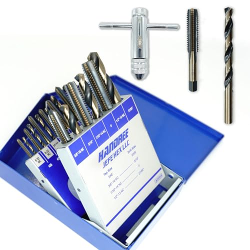 JEFEHEX 18pcs Drill and Tap Set with 1 Piece T-Handle Ratchet Tap Wrench, Tap Range 6-32NC—1/2"-13NC, Black and Gold Premium HSS Jobber Length Drill Bits and Hand Plug Taps with Metal Indexed Box - size: 18PCS SAE