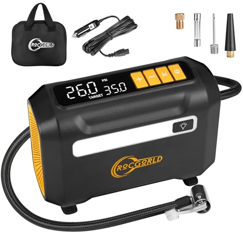 ROCGORLD R8 Tire Inflator Portable Air Compressor, DC 12V Portable Air Compressor with Large Dual Digital Screen, 3X Faster Inflation Portable Air Pump for Car Tires, Bike, Motor - Car Accessories - color: Yellow