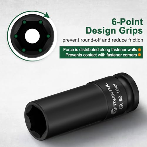 15mm Deep Impact Socket 1/2" Drive for Wheel Lug Nuts, Suspension Components | CR-MO Steel Impact Socket, Anti-Rounding 6 Point, 3.07" Length, Metric Impact Socket for Automobile and Machinery Maintenance - size: 15mm (Deep)