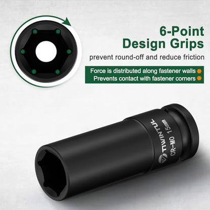 15mm Deep Impact Socket 1/2" Drive for Wheel Lug Nuts, Suspension Components | CR-MO Steel Impact Socket, Anti-Rounding 6 Point, 3.07" Length, Metric Impact Socket for Automobile and Machinery Maintenance - size: 15mm (Deep)