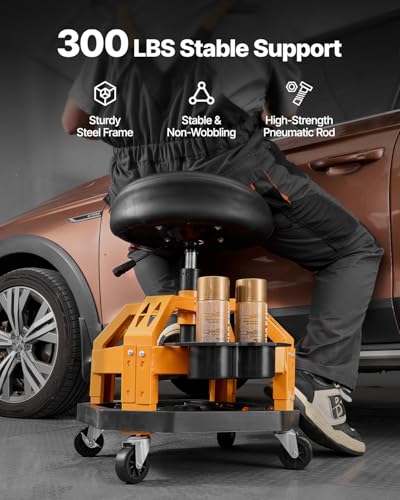 VEVOR Mechanic Stool Dual Storage Trays Rolling Stool and Garage Stool with Adjustable Height 23.6–29.5 in,Soft Waterproof Cushion 360° Swivel Casters 330 LBS Capacity Heavy Duty - color: Yellow
