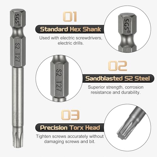HARFINGTON 3pcs T27 Torx Head Screwdriver Bit 1/4" Hex Shank 2.6" (65mm) Long Magnetic No Hole Tip Tamper Proof 6 Point Star Screw Driver Drill Bits S2 Steel Industrial Power Screwdrivers - size: T27 x 2.6"(65mm)