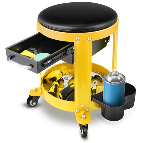 Auto Dynasty Round Mechanics Roller Seat, 300 LBS Capacity Rolling Creeper Garage Shop Seat with Drawers and Tool Tray, Mechanic Stool with Removable Padded Seat for Workshop Auto Repair, Yellow - color: Yellow