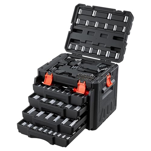 VEVOR Mechanics Tool Set, 230-Piece Mechanic Tool Kit, 1/4 in, 3/8 in, and 1/2 in Drive, SAE and Metric Socket Set, Wrenches, Screwdriver Bits, Accessories, and Storage Case, for Automotive Repair - size: 1/4"&3/8"&1/2", style: 230 PCS