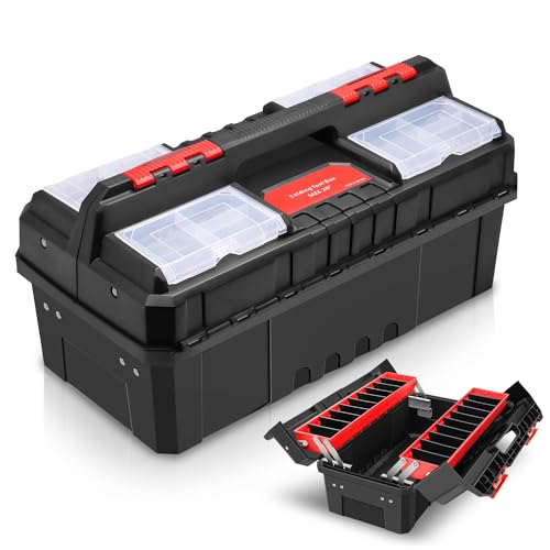 Auto Dynasty Foldable 2-layer Tool Box w/Non-Slip Handle Tray Storage, Red | Heavy-Duty Plastic, Lightweight Portable, Secure Latch, for Garage, Workshop, Diy, On-The-Go Repairs - color: Red, size: 2-Layer