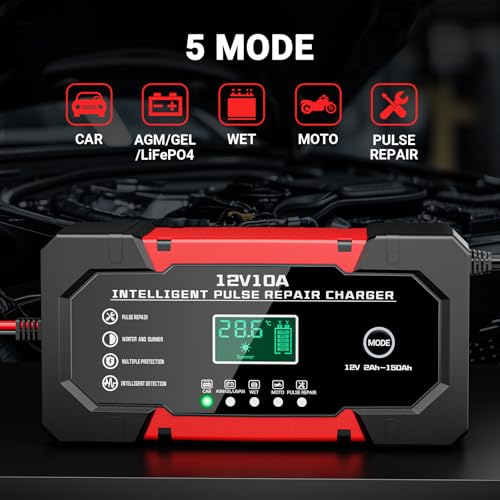 Battery Charger 10A 12V Fully Automatic Smart Car Battery Charger with LCD Display & Temperature Compensation for Car Motorcycle Vans - color: Black