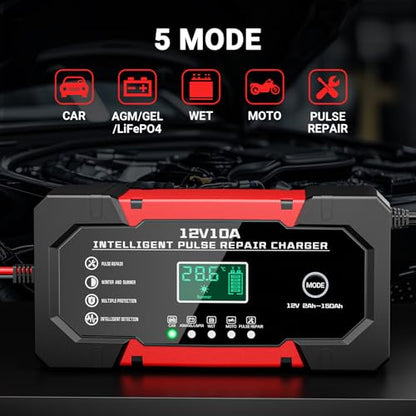 Car Battery Charger 12V 10A Smart Trickle Charger Fully Automatic | Battery Maintainer Temperature Compensation LCD Display 8-Layer Protection Suitable for Car Truck Motorcycle Lawn Mower Boat - color: Black