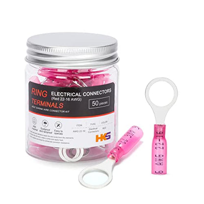 HKS 50 PCS Ring Terminals 3/8" Red 22-16 AWG - M10 - Electrical Connectors - Heat Shrink Wire Connector Kit - Tinned Red Copper - Automotive Marine Ring Connectors - Waterproof and Insulated - size: 3/8" (M10)