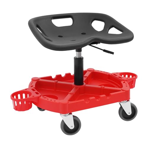 Rolling Garage Stool, 330LBS Car Detailing Stool Chair 8"-23" Adjustable Height Range Mechanic Seat with 4PCS 360° Swivel Wheels & Large Tool Tray for Workshop Auto Repair Shop
