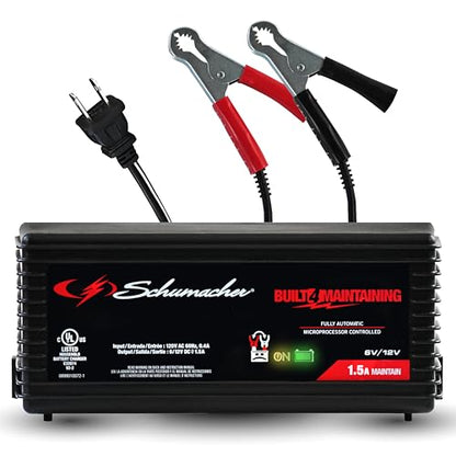 Schumacher Electric 1.5A Car Battery Charger and Maintainer, 3-in-1 Solution, for 6V/12V Power Sport, Automotive, and Marine Batteries, SC1355