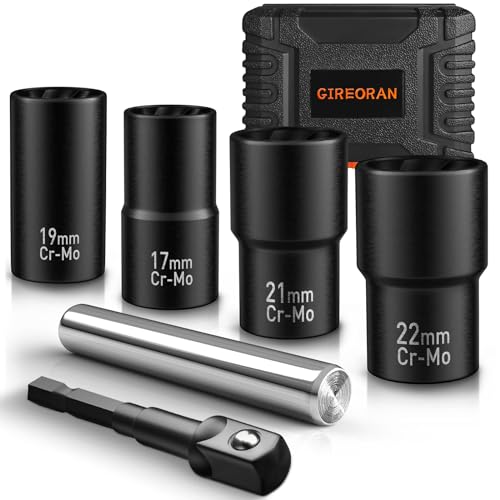 GIREORAN 6 Piece Wheel Lock Removal Kit, Lug Nut Remover, 1/2 Inch Drive Impact Bolt Extractor Socket Set for Removing Stripped, Damaged, Frozen, Rusted, Rounded-Off Bolts, Nuts - size: 6 Piece