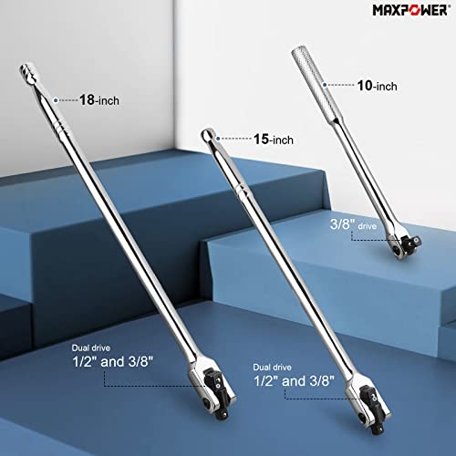 MAXPOWER 3-pieces Breaker Bar Set 10" 15" 18" | Dual Drive 1/2" and 3/8" Breaker Bars, Flexible Flex Handle Phosphate Head - size: Set: 10 inch, 15 inch, 18 inch
