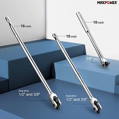 MAXPOWER 3-pieces Breaker Bar Set 10" 15" 18" | Dual Drive 1/2" and 3/8" Breaker Bars, Flexible Flex Handle Phosphate Head - size: Set: 10 inch, 15 inch, 18 inch