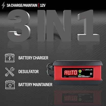 Schumacher Electric 3A Car Battery Charger and Maintainer, 3-in-1 Solution, for 12V Power Sport, Automotive, and Marine Batteries, SP1297