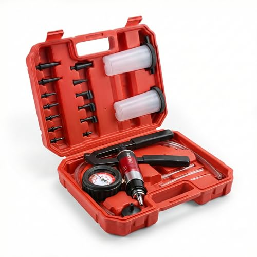 Handheld Vacuum Pump Brake Bleeder Kit, Multi-Functional Vacuum & Pressure Tester Set with Gauge, Hoses, Adapters and Fluid Reservoirs, for Automotive Brake, Clutch and Fluid Extraction ((23PC-Red))