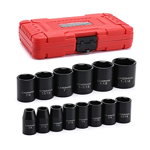 CASOMAN 14 Pieces 1/2-Inch Drive Shallow Impact Socket Set, 6-Point, SAE, 3/8" to 1-1/4" - size: SHALLOW(CR-V)