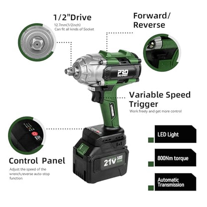Prostormer 800N.m(590Ft-lbs) Cordless Impact Wrench, 1/2" Brushless High Torque Impact Gun Kit for Car Home, 2x4.5Ah Rechargable Batteries, Charger & 8 Sockets