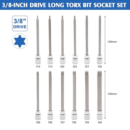 MIXPOWER 32PCS 3/8" Drive Extra Long Hex and Torx Bit Socket Set,SAE & Metric(1/8"-7/16",3mm-12mm,T10-T60),Length:150mm,CR-V and S2 Steel - size: 1/8" - 1/2", T10 - T60