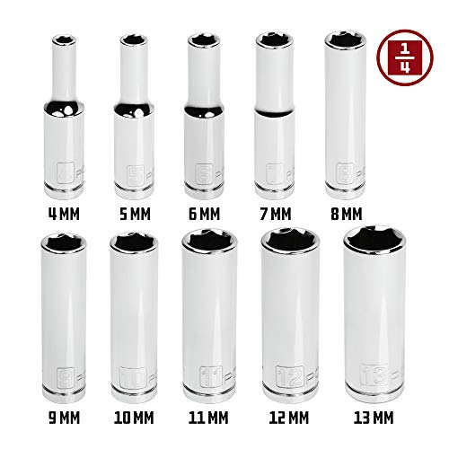 Powerbuilt 10 Piece 1/4 Inch Drive Metric 6 Point Deep Socket Set, Z-Drive Grips, Chrome-Vanadium Steel made, Meets ANSI Standards - 640538 - size: Metric (Pack of 1), style: 1/4" Drive